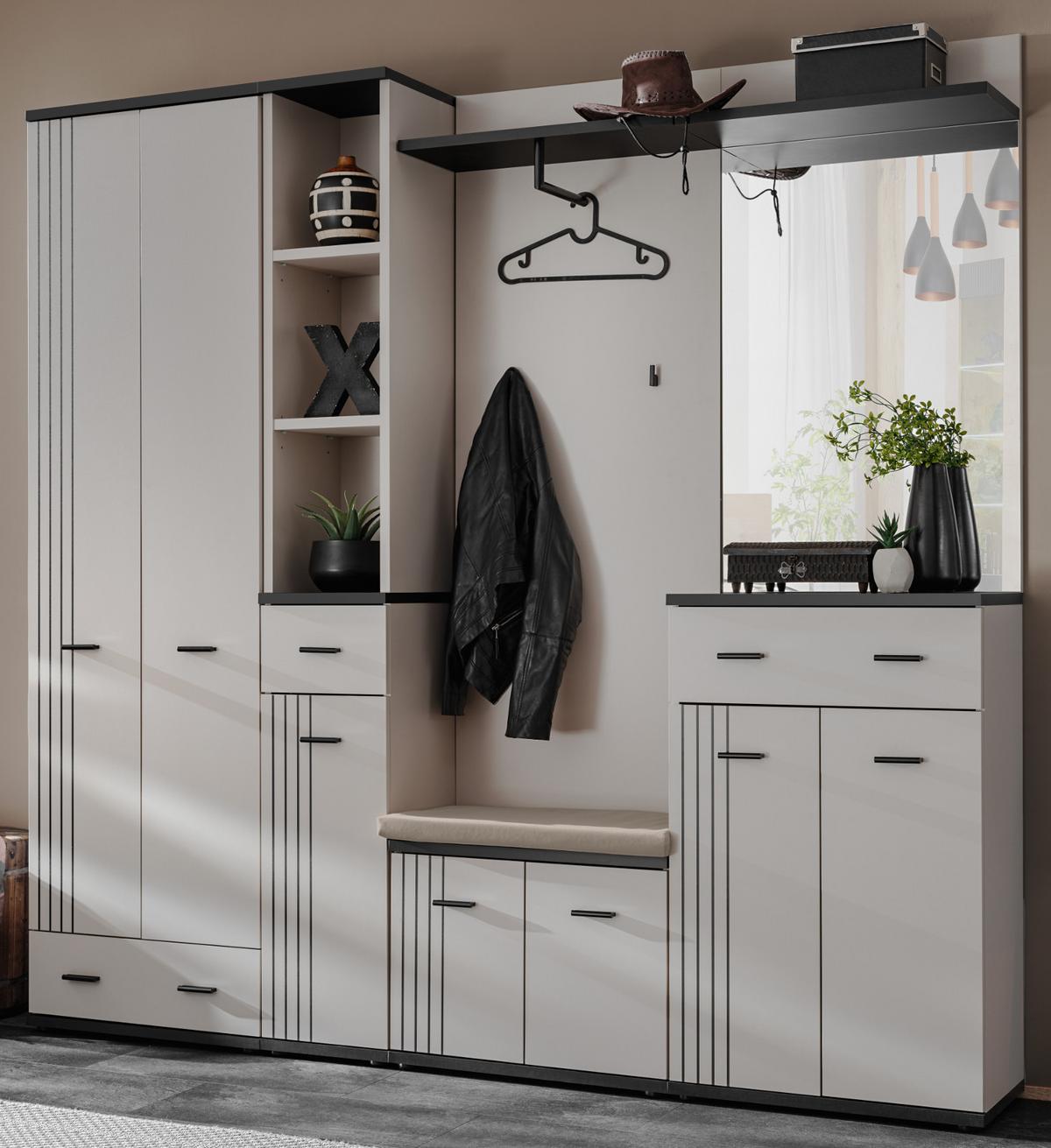 GARDEROBEN-SET Kaschmir, schwarz 6-teilig 210 cm, Flurgarderobe in modernem Desgin - Kaschmir/Schwarz, Glas/Holzwerkstoff (210/203/32cm) - Inn.Furn