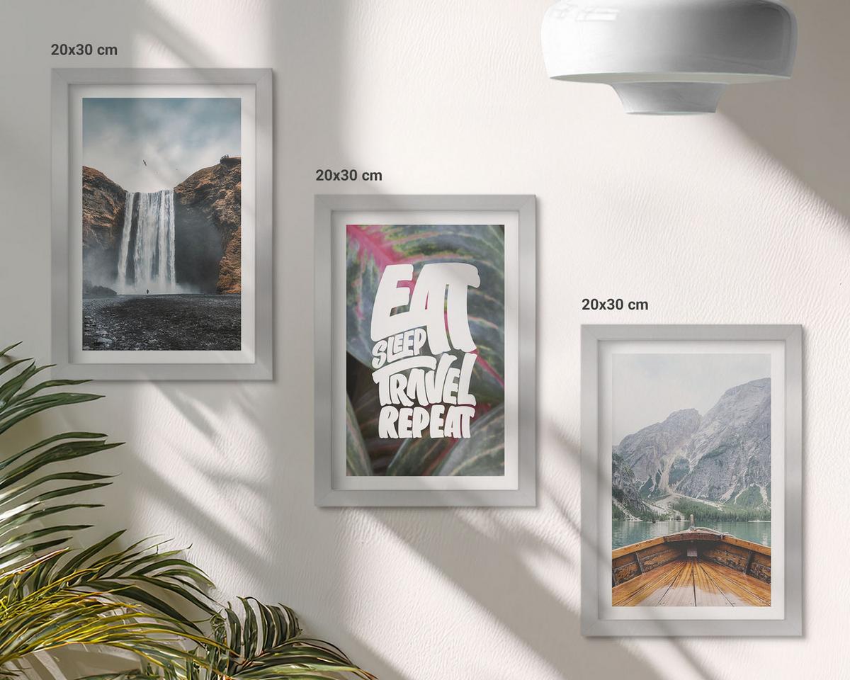 BILDER SET 3er Set - 20x30 cm Silberner Rahmen - Wasserfall Berge Natur Boot - Silberfarben, Kunststoff (20/30cm) - TULUP
