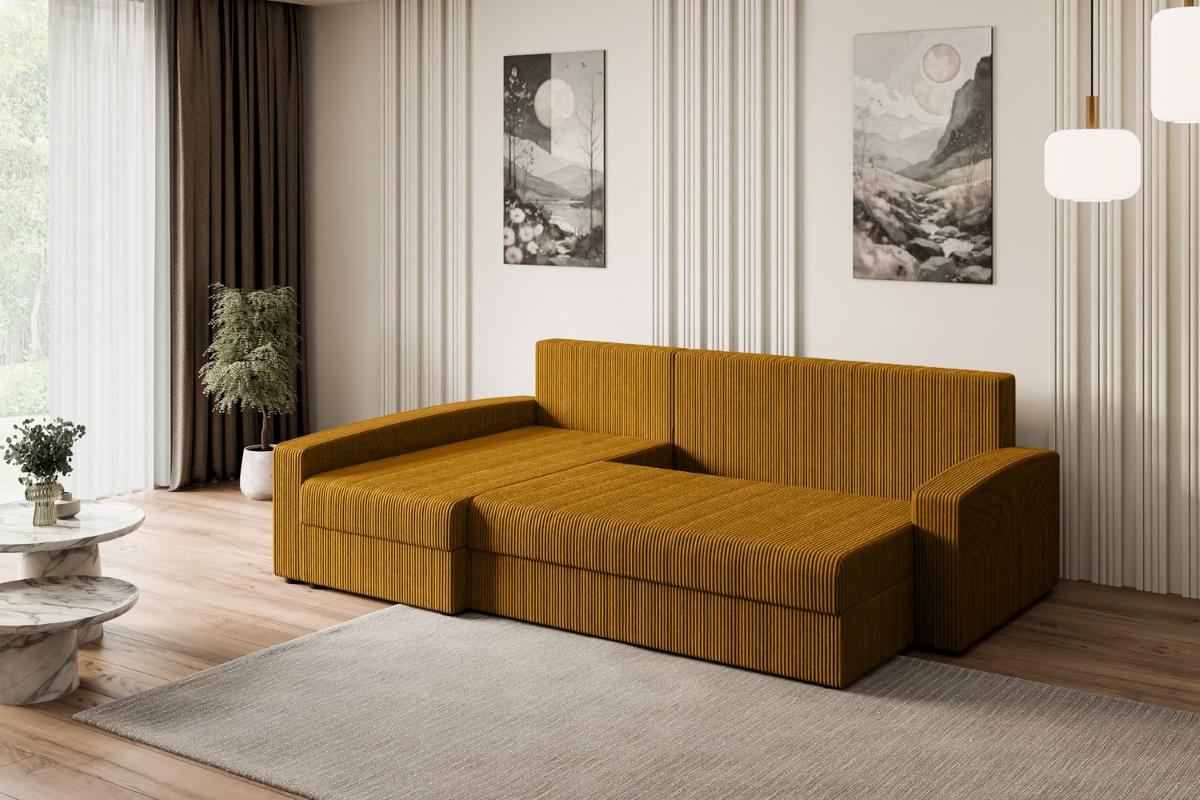 ECKSOFA mit Schlaffunktion und Bettkasten ALESIA-L 231x140x90 cm Senfgelb Cord - Gelb/Silberfarben, Holzwerkstoff/Kunststoff (231/140cm) - ALTDECOR