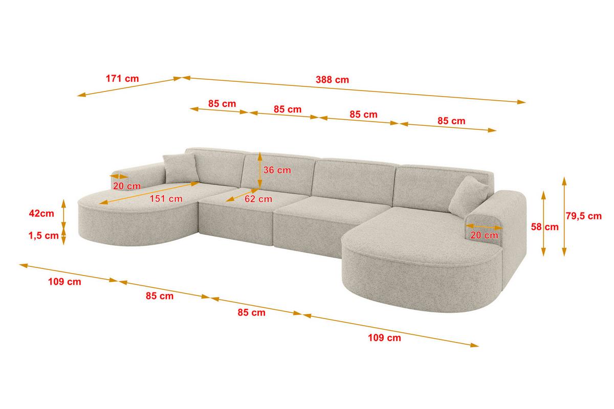 WOHNLANDSCHAFT MARI-U2 - 388x171x79 cm Beige Tissu - Beige/Schwarz, Holzwerkstoff/Kunststoff (388/79/171cm) - ALTDECOR