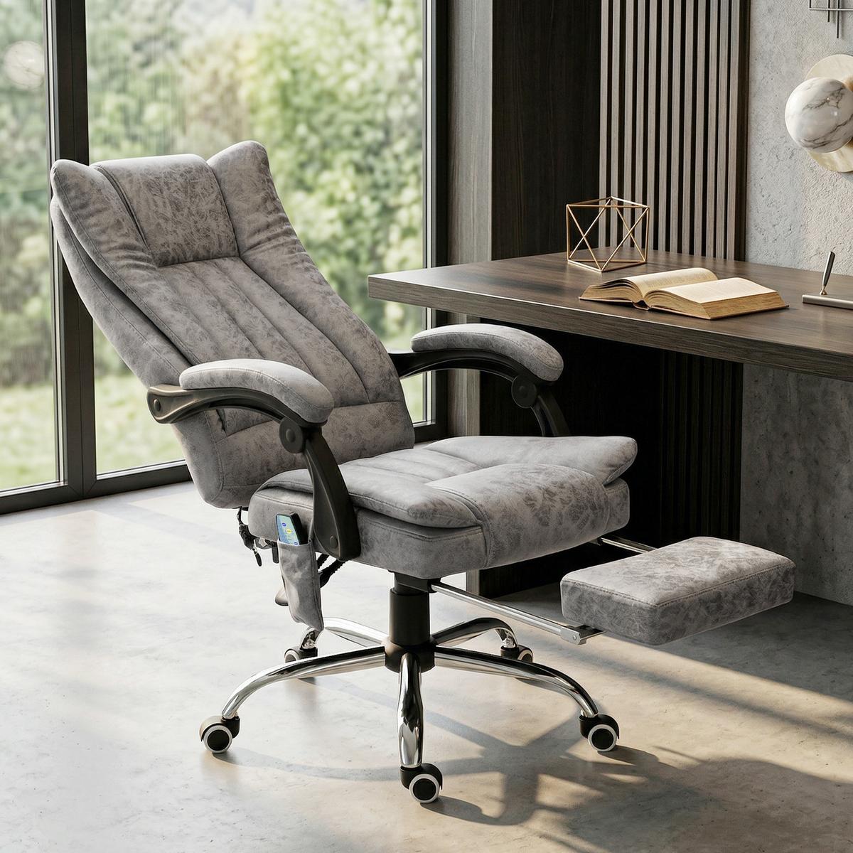 BÜROSTUHL Massagesessel Heizfunktion Liegefunktion Fußstütze Grau - Grau, Textil (67/113/62cm) - Vinsetto