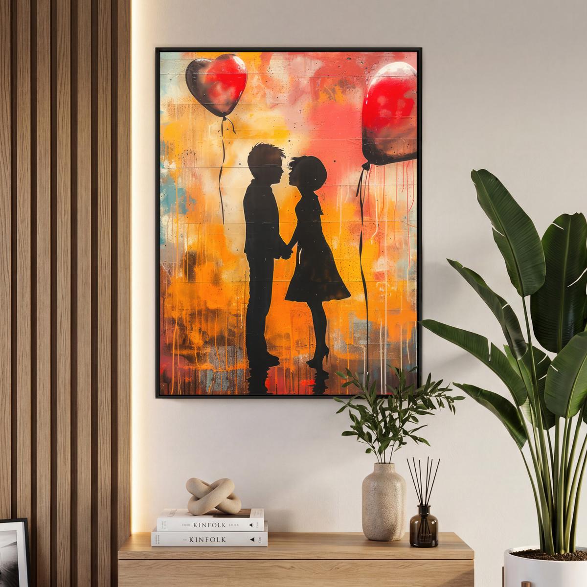 LEINWAND Bilder mit Rahmen - Straßenkunst - Liebe - Graffiti - Kunst - Banksy - 70x100 - Orange, Textil (70/100cm) - MuchoWow