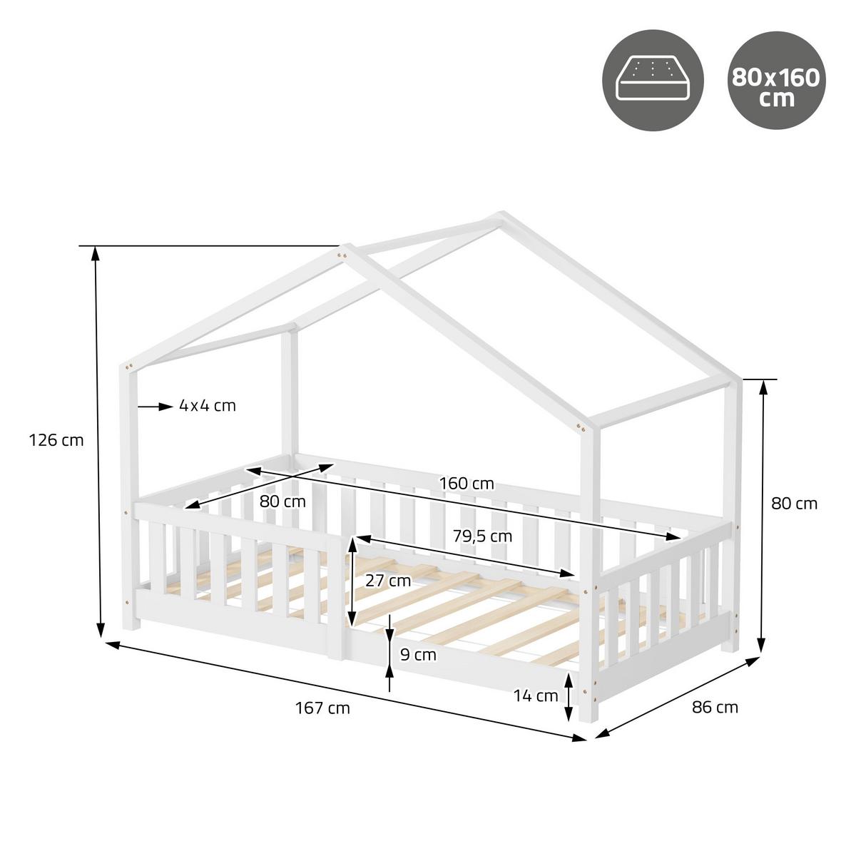 HAUSBETT 80x160 cm Weiß aus Kiefernholz mit Rausfallschutz - Weiß, Holz (80/160cm) - ML-DESIGN