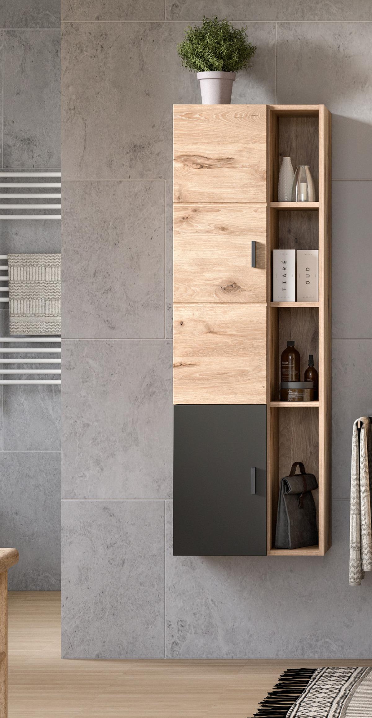 MIDISCHRANK Eiche, grau matt 48 x 144 cm, Bad Hängeschrank mit Soft-Close - Eichefarben/Grau, Holzwerkstoff/Kunststoff (48/144/35cm) - Inn.Furn