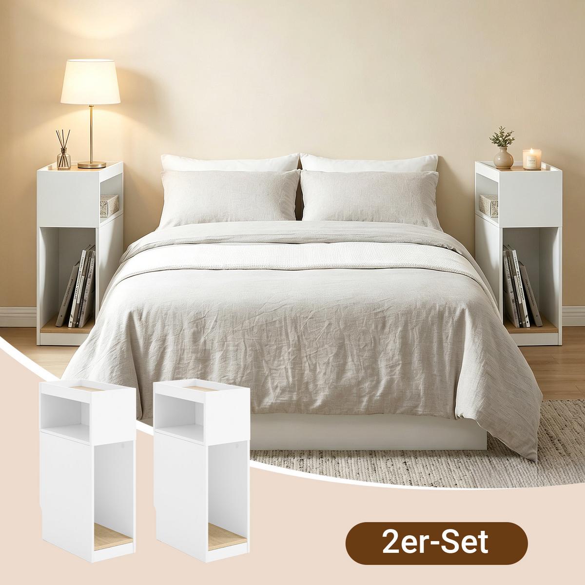 NACHTTISCH 2er Set, Beistelltisch mit offenen Fächern, Weiß 20×35×60cm - Weiß, Holzwerkstoff (35/60/20cm) - SoBuy