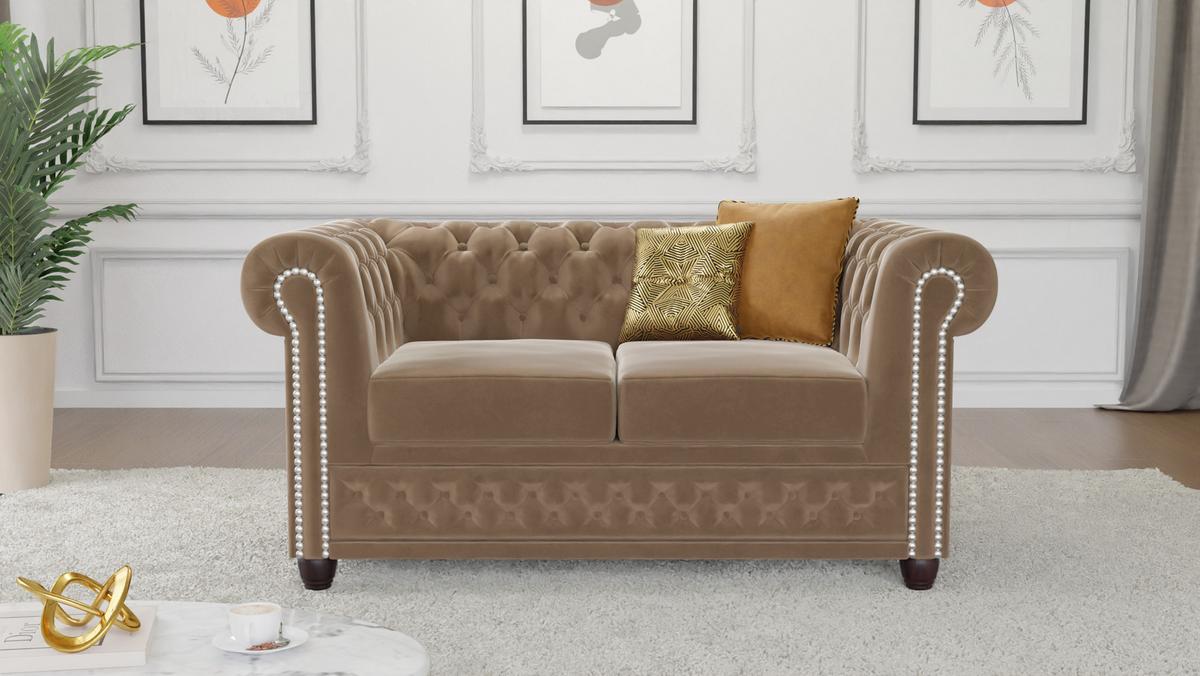 CHESTERFIELD-SOFA 2-sitzer mit Schlaffunktion Nyx Beige Samt - Beige/Braun, Holz/Textil (148/72/86cm) - S-Style Möbel