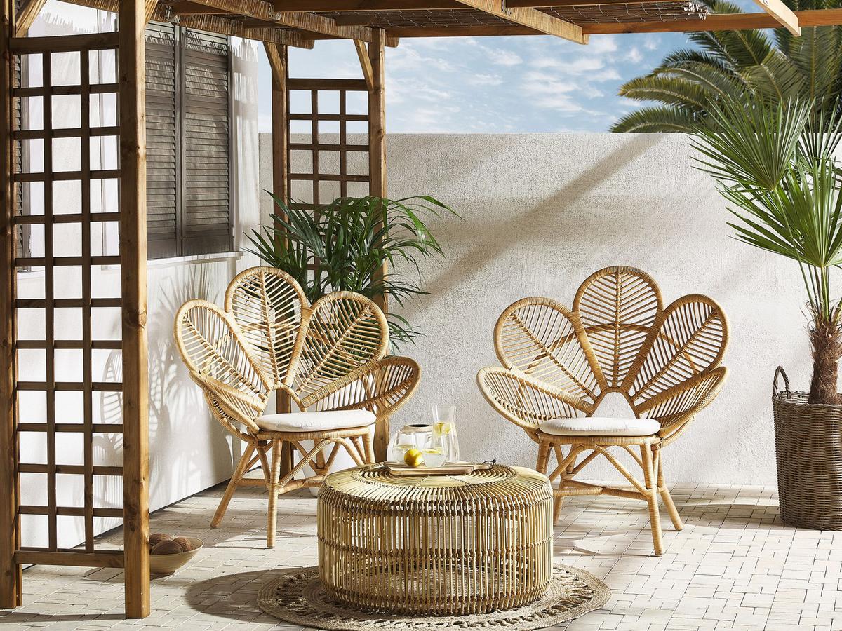 RATTANSTUHL 2er-Set natürlich Auflage beige Pfauform Florentine - Beige/Naturfarben, Naturmaterialien (95/107/68cm) - Beliani