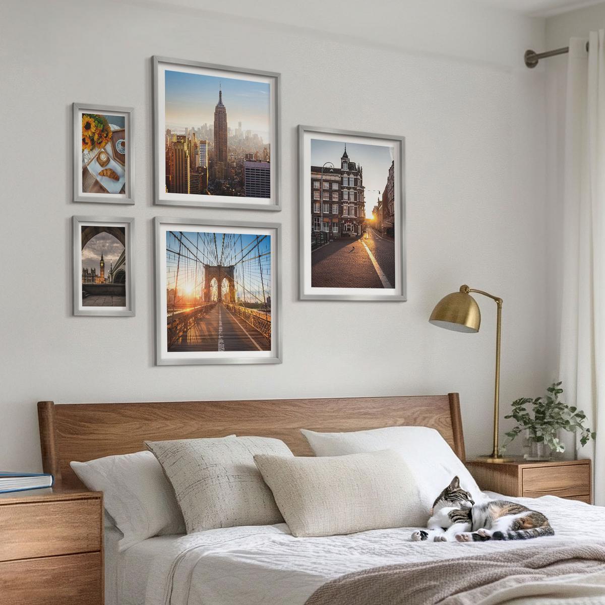 BILDER SET 5er Set - 50x50 cm & 20x30 cm & 40x60 cm Silberner Rahmen - Venezianische Straßen Wasserarchitektur - Silberfarben, Kunststoff (40/60cm) - TULUP