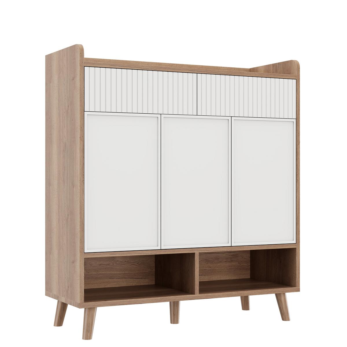 SCHUHSCHRANK weiß & holzoptik, 3 türen & 2 schubladen mit rillendesign - Naturfarben, Holzwerkstoff (90/100/35cm) - Urban Meuble