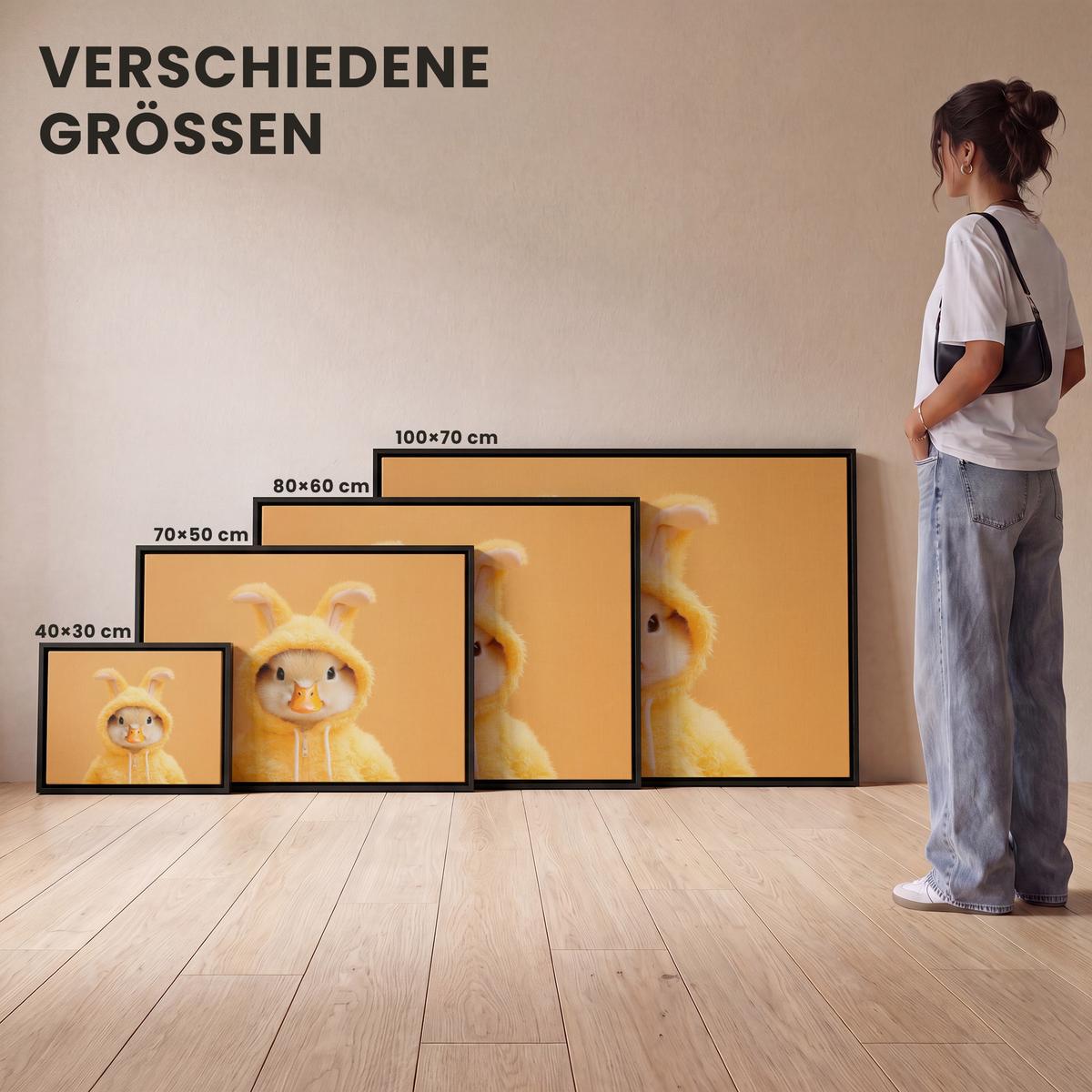 LEINWAND Bilder mit Rahmen - Osterhase - Kostüm - Ente - 100x70 - Gelb, Textil (100/70cm) - MuchoWow