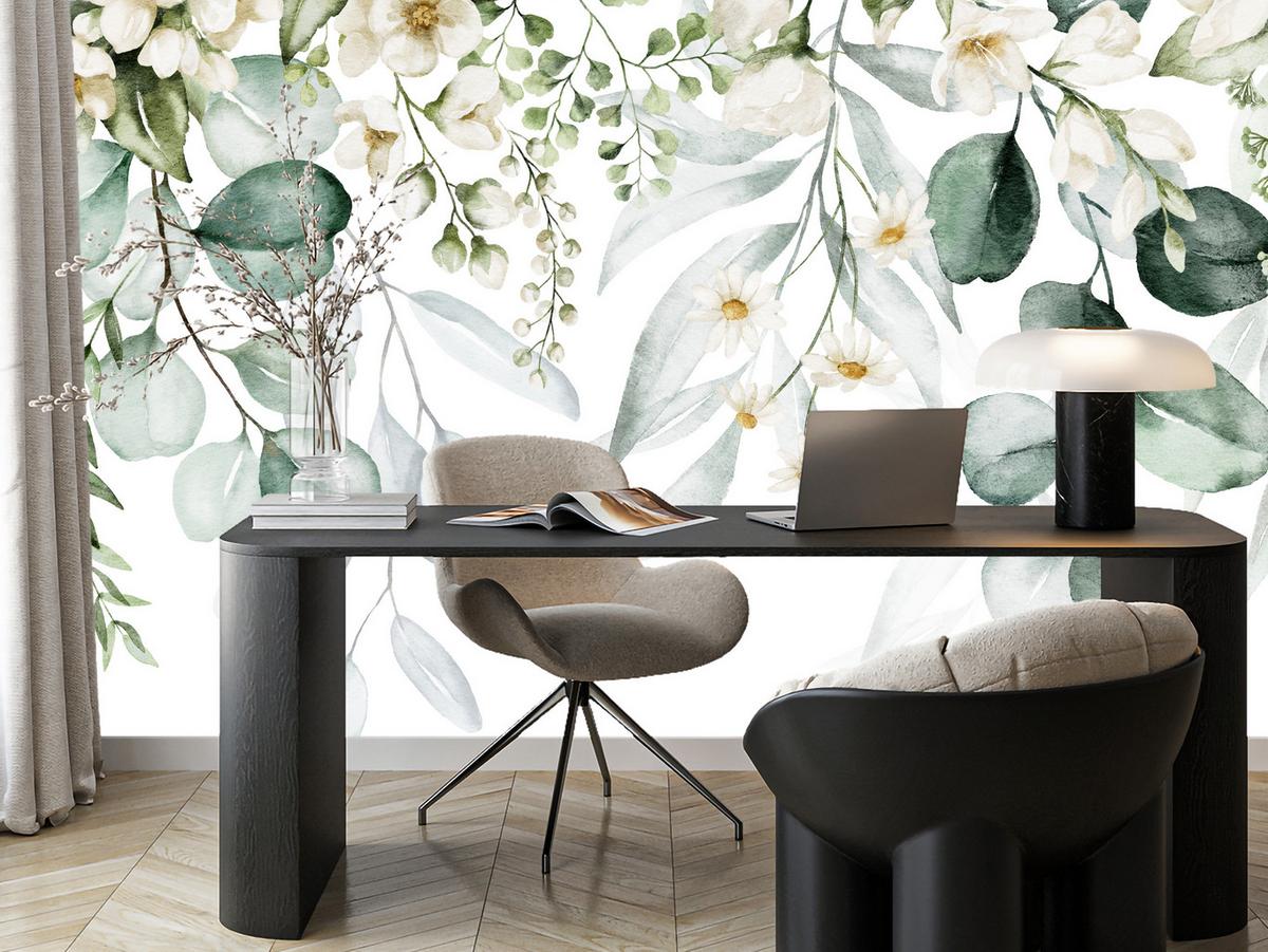 FOTOTAPETE für Schlafzimmer Aquarell Blätter Blumen Weiß 350x256 - Gelb/Weiß, Papier (350/256cm) - Muralo