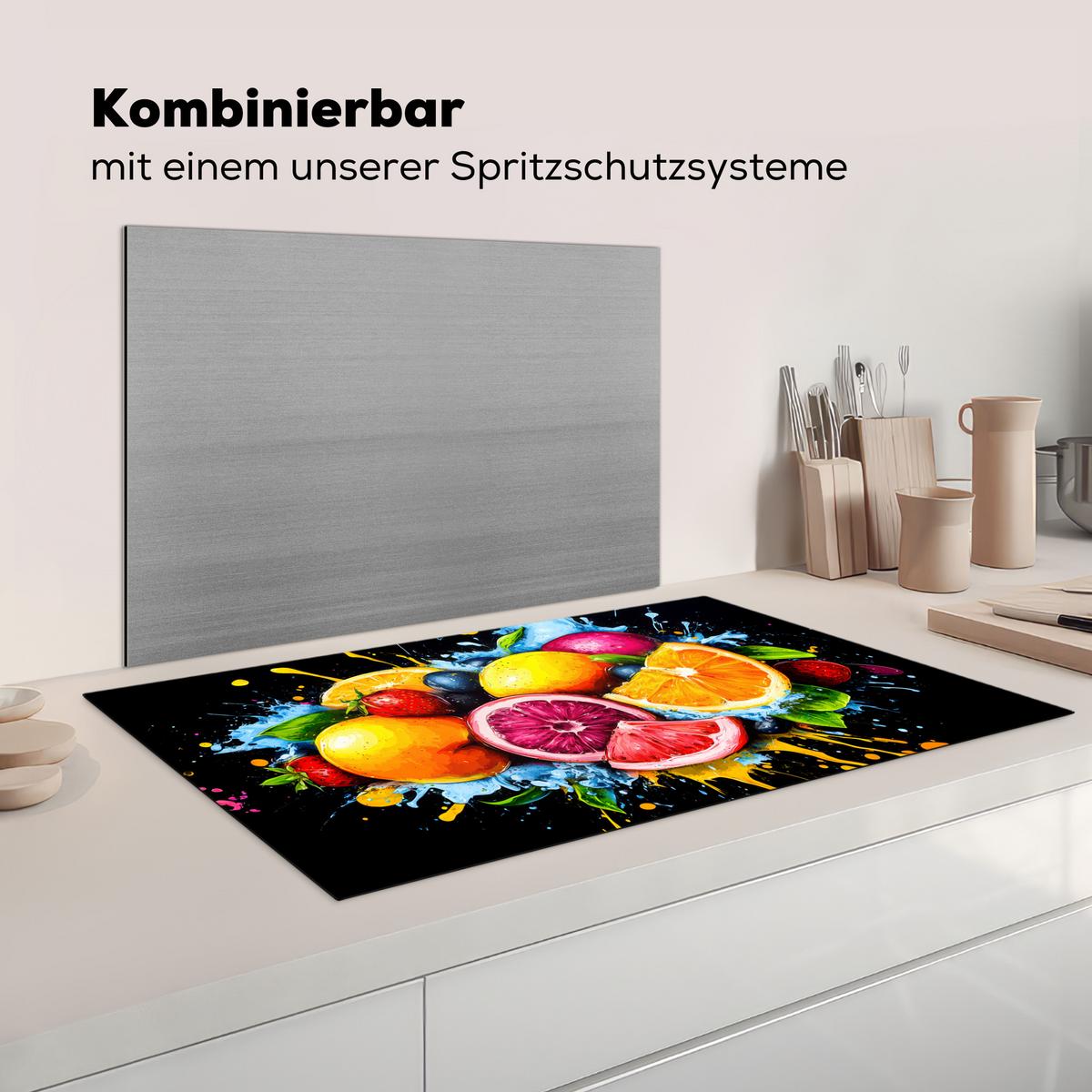 HERDABDECKPLATTE Obst - Graffiti - Bunt - Orange - Erdbeere - Abstrakt Ceranfeldabdeckung 90x52 cm - Orange, Kunststoff (90/52/0.2cm) - MuchoWow