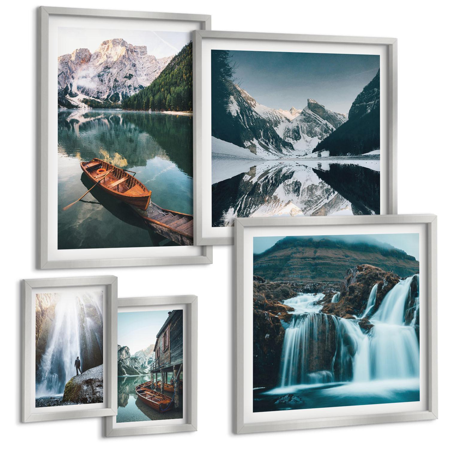 BILDER SET 5er Set - 50x50 cm & 20x30 cm & 40x60 cm Silberner Rahmen - Spiegelung der Boote auf Bergseen - Silberfarben, Kunststoff (40/60cm) - TULUP