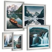 BILDER SET 5er Set - 50x50 cm & 20x30 cm & 40x60 cm Silberner Rahmen - Spiegelung der Boote auf Bergseen - Silberfarben, Kunststoff (40/60cm) - TULUP