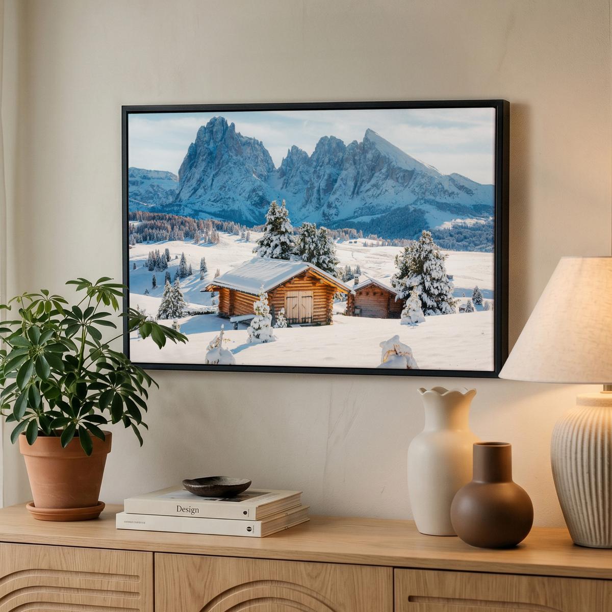 LEINWAND Bilder mit Rahmen - Winter - Hütte - Berge - Aussicht - Schnee - 60x40 - Eichefarben, Textil (60/40cm) - MuchoWow