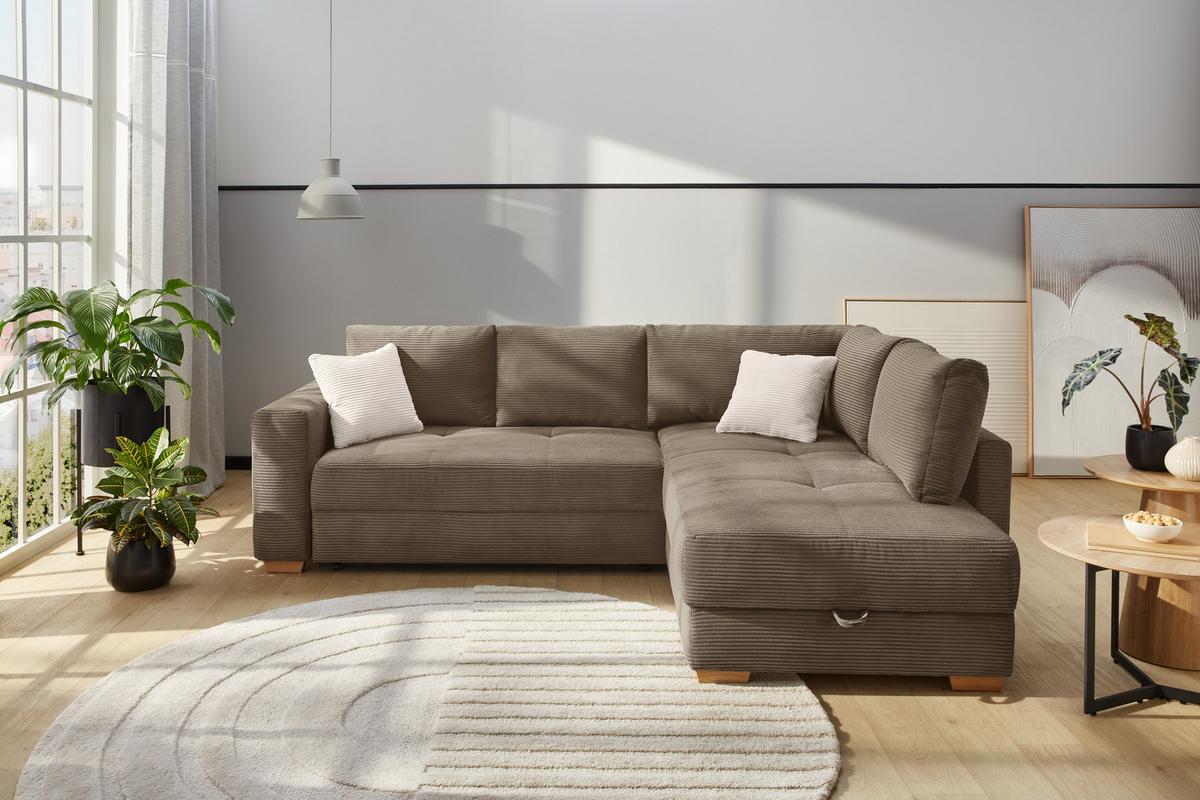 ECKSOFA-DAUERSCHLÄFER Boxspring Federkern Topper Bettkasten, seitenverkehrt montierbar B257/T206/H85 cm, Braun Taupe / 15210 - Braun, Holzwerkstoff (257/206cm) - luma-home