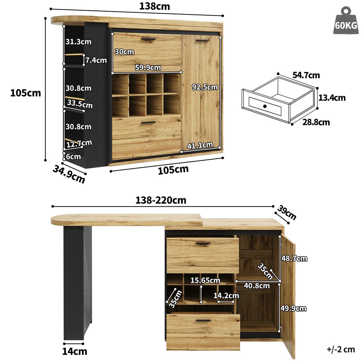 BARTISCH Ausziehbar 138-220cm Holzoptik mit Stauraum & Weinregal - Naturfarben, Holzwerkstoff (39/138/105cm) - Urban Meuble