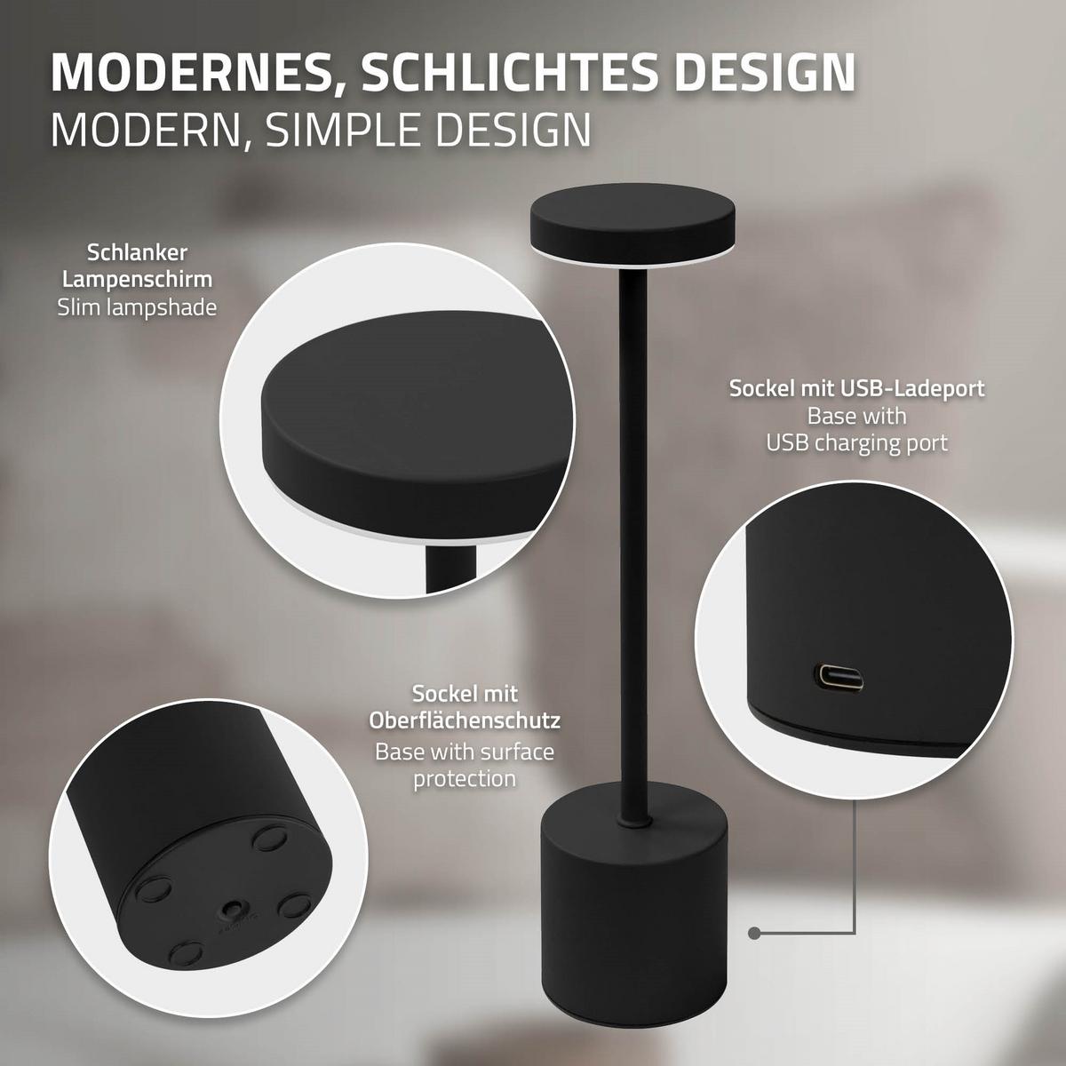 LED TISCHLAMPE kabellos Touch Schwarz Ø8x34,5cm 3 Lichtfarben Dimmbar - Schwarz, Kunststoff (8/8/34.5cm) - ML-DESIGN
