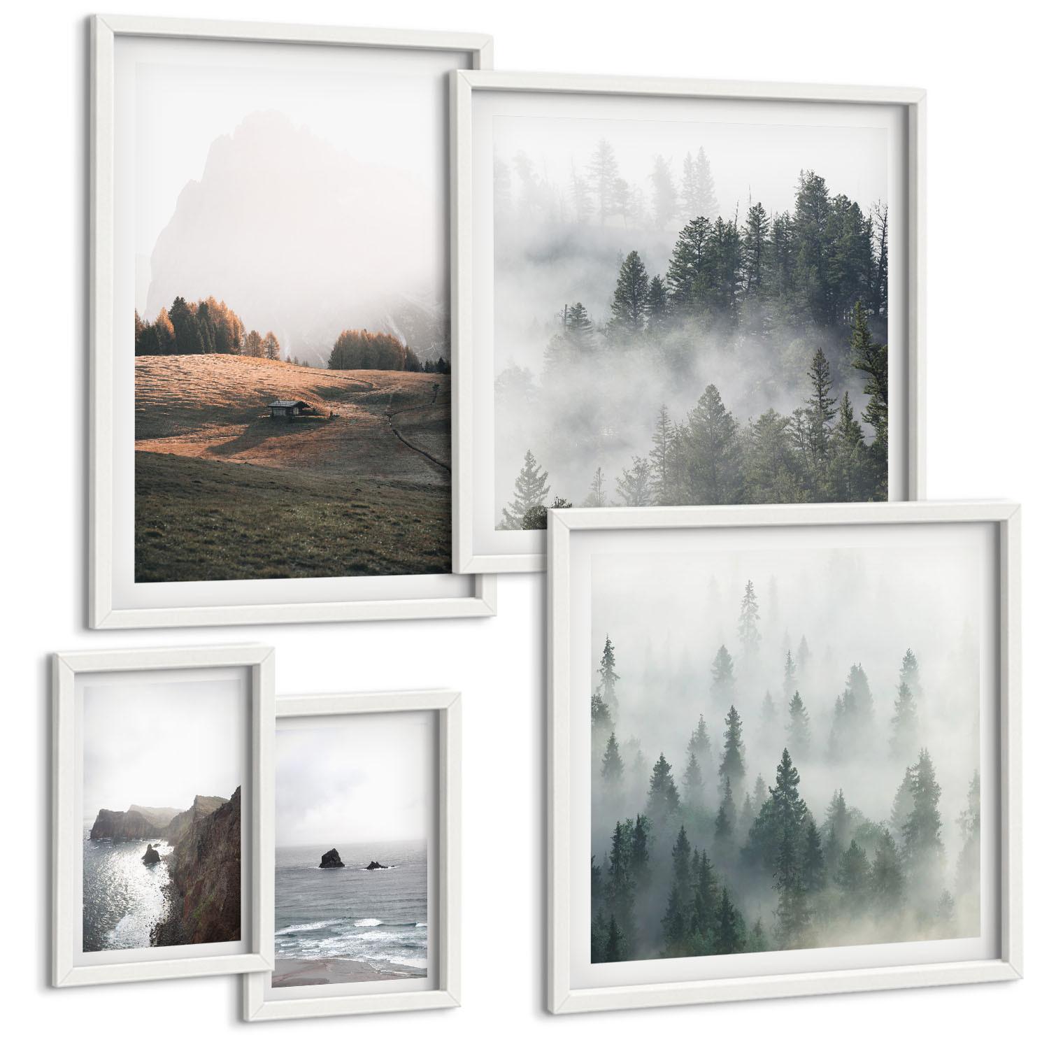 BILDER SET 5er Set - 50x50 cm & 20x30 cm & 40x60 cm Weißer Rahmen - Landschaften aus Bergen und Meer - Weiß, Kunststoff (40/60cm) - TULUP