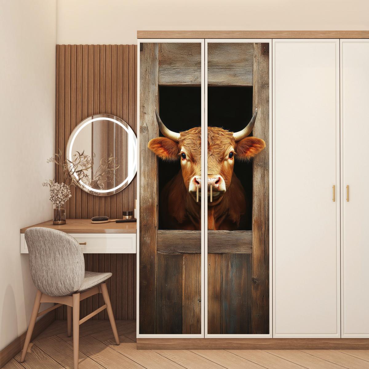 TÜRAUFKLEBER Kuh - Fenster - Holz - Tiere Room Decor 85x205 cm - Türtapete - Wengefarben, Kunststoff (85/0.1cm) - MuchoWow