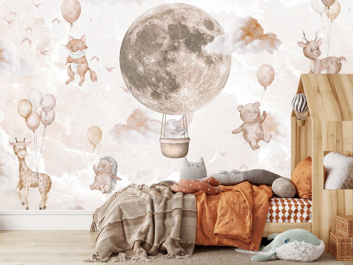 FOTOTAPETE für Kinderzimmer Mond Ballons Bär Rehkitz Giraffe Wolken 500x350 - Beige/Rosa, Papier (500/350cm) - Muralo