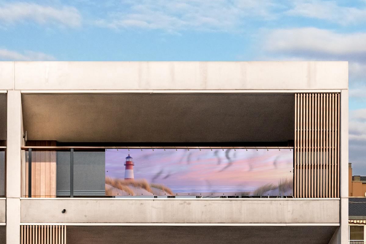 BALKON-SICHTSCHUTZ Leuchtturm - Dünen - Sonnenuntergang Deko XXL 500x120 cm - Hellrosa, Kunststoff (500/120cm) - MuchoWow