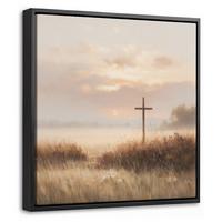 LEINWAND Bilder mit Rahmen - Gras - Morgennebel - Kreuz - Christentum - 20x20 - Beige, Textil (20/20cm) - MuchoWow