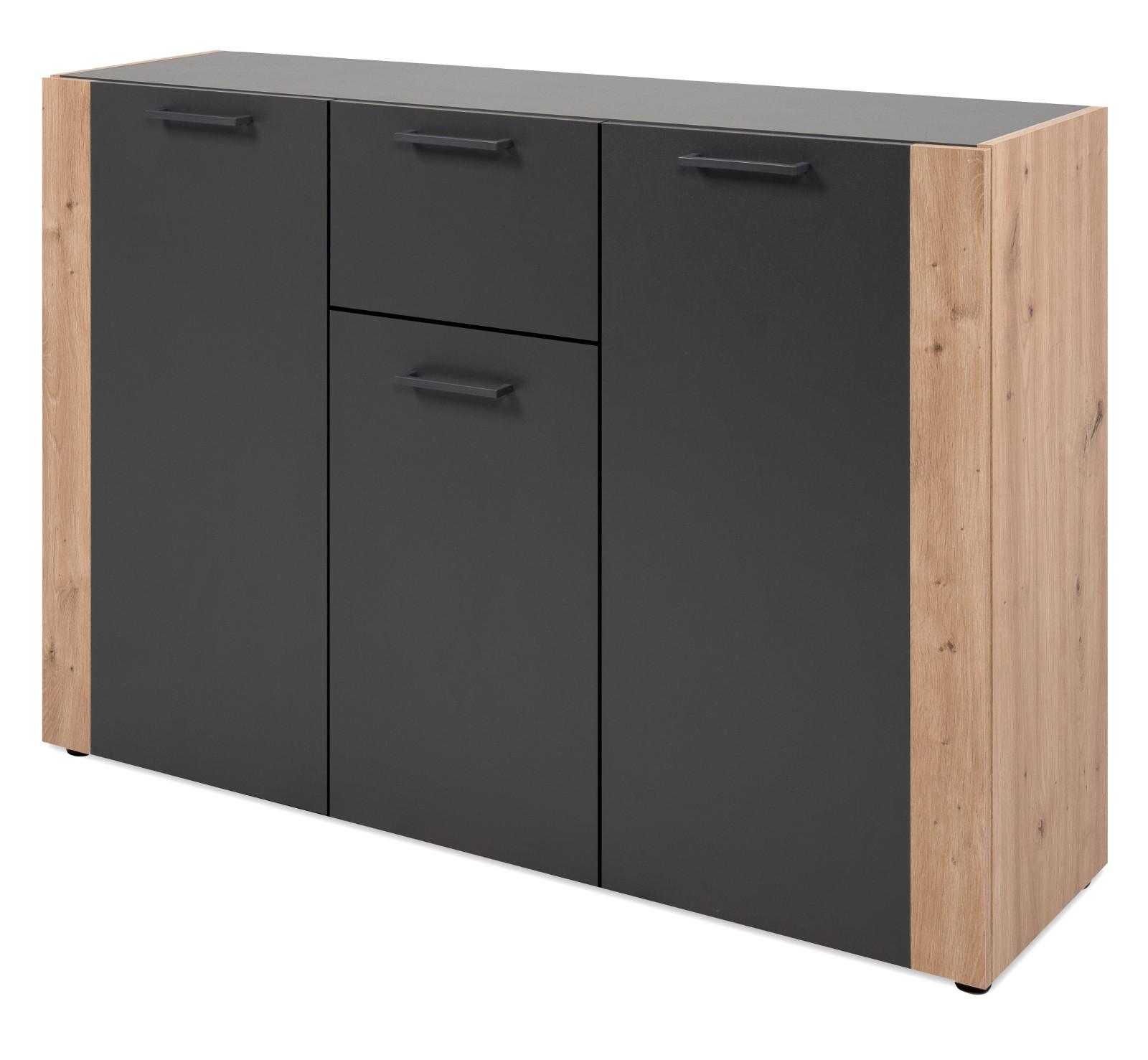 SIDEBOARD grau, Artisan Eiche 126 x 85 cm, Kommode 3-türig - Anthrazit/Schwarz, Holzwerkstoff/Kunststoff (125.5/85/34.5cm) - Furn.Design
