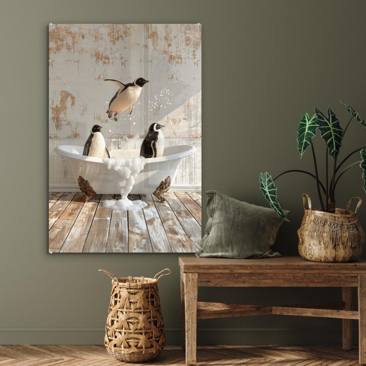 ACRYLGLASBILD Vintage - Pinguin - Badewanne - Schaumstoff 80x120 cm - Schwarz, Glas (80/120cm) - MuchoWow