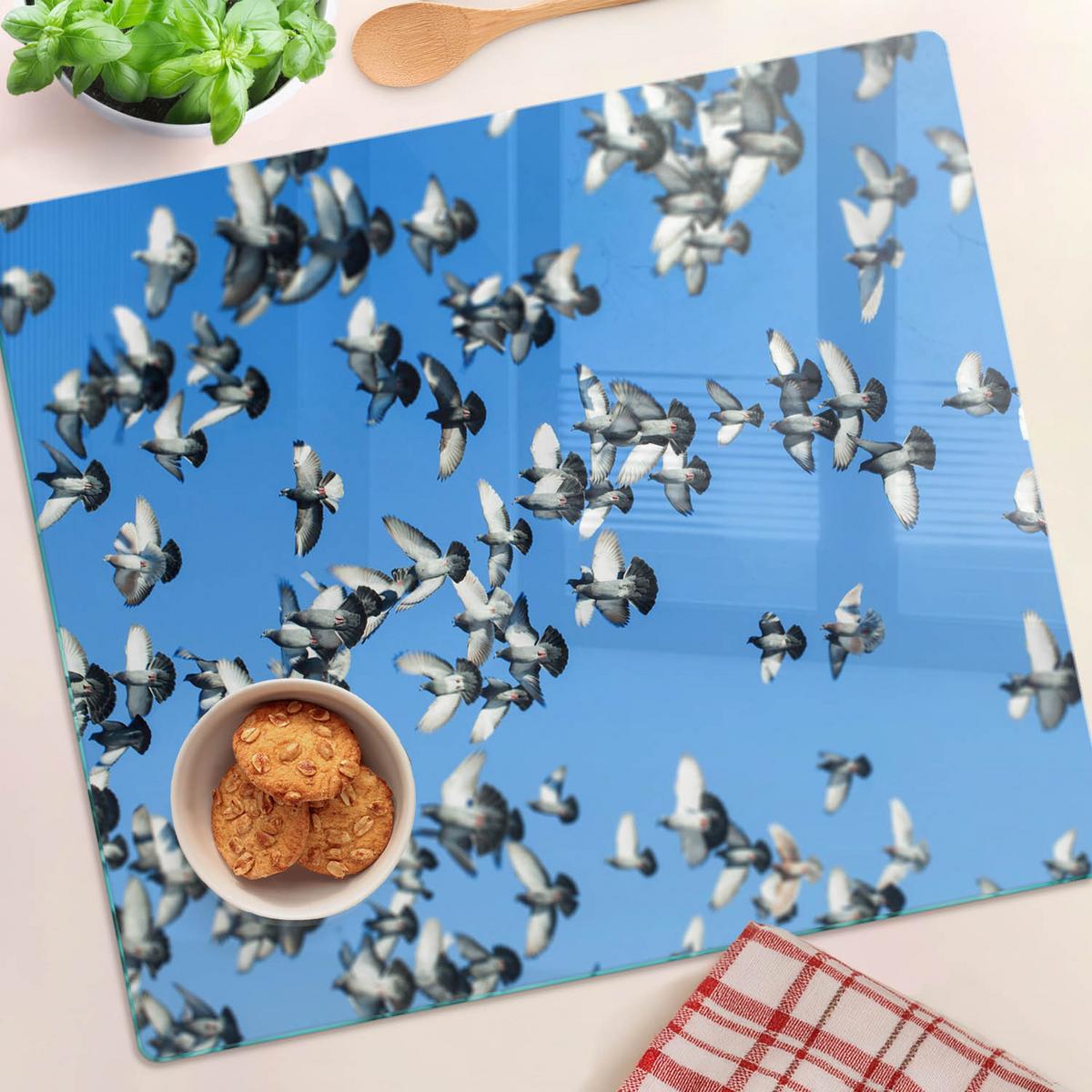 GLASPLATTE 60x52 cm Ein Schwarm Tauben - Weiß, Glas (60/0.4/52cm) - TULUP