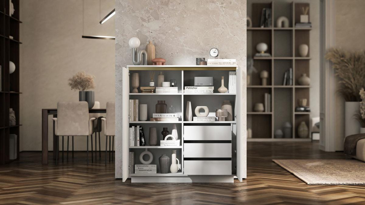 HIGHBOARD Selene 2D Weiß Matt 111 cm Glamour - Weiß, Holzwerkstoff (110.8/118/35cm) - Meble Lindner