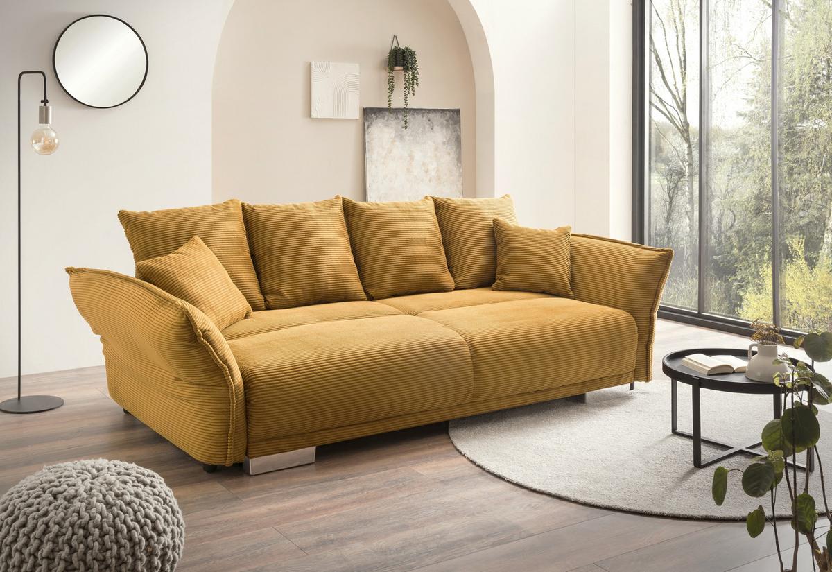 BIG-SOFA mit Schlaffunktion, Bettkasten, Federkern, Armlehnen verstellbar B242/T131/H90 cm, Liegefläche 168x199 cm, Cord Gold Ockergelb / 17213 - Chromfarben/Goldfarben, Kunststoff/Textil (242/90/131cm) - luma-home