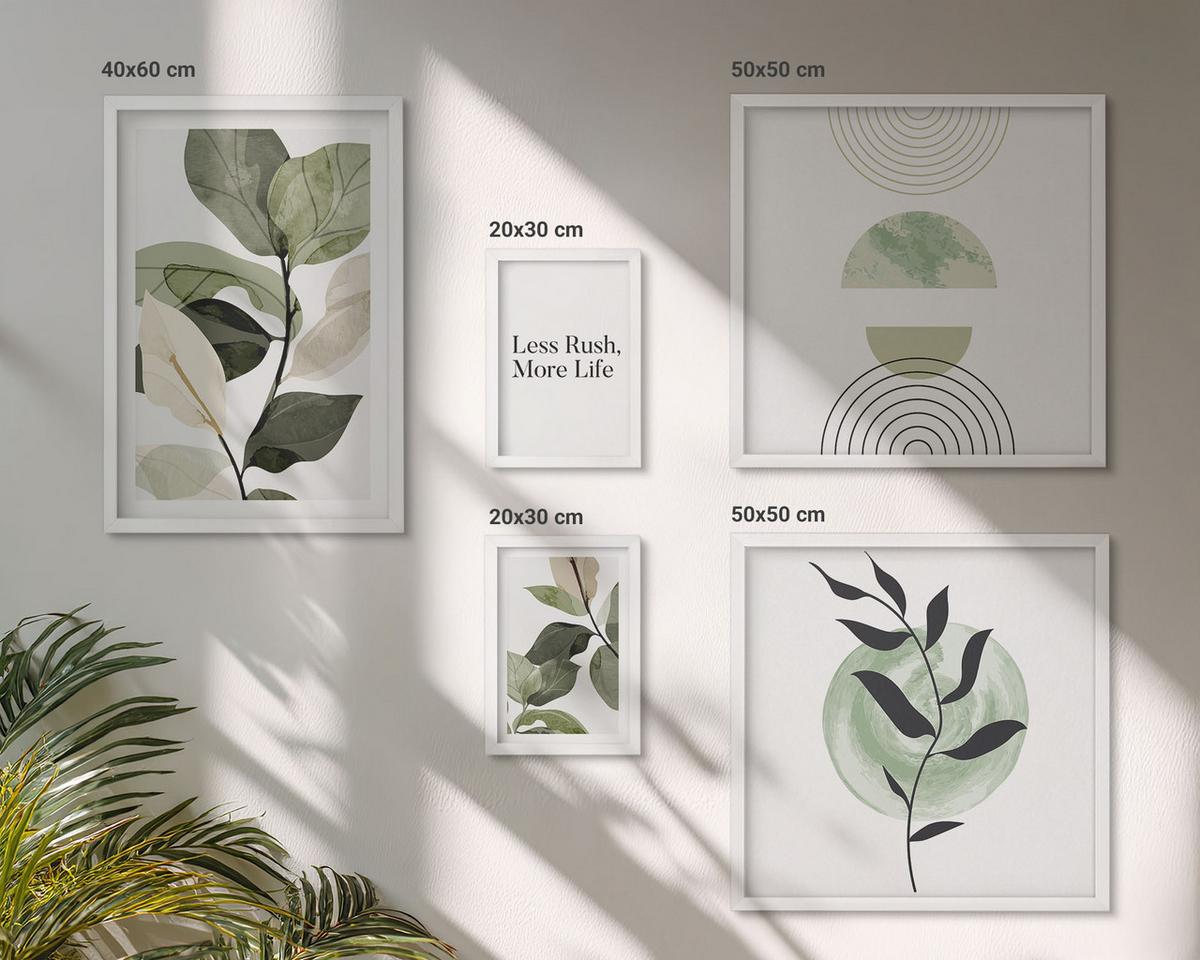 BILDER SET 5er Set - 50x50 cm & 20x30 cm & 40x60 cm Weißer Rahmen - Geometrische Pflanzenformen - Weiß, Kunststoff (40/60cm) - TULUP