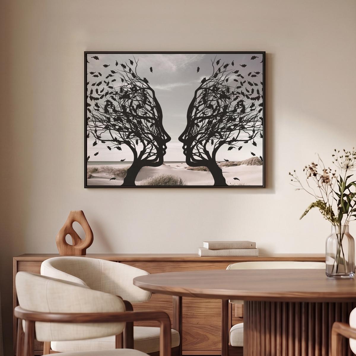 LEINWAND Bilder mit Rahmen - Strand - Meer - Menschen - Baum - Moderne Kunst - 70x50 - Hellgrau, Textil (70/50cm) - MuchoWow