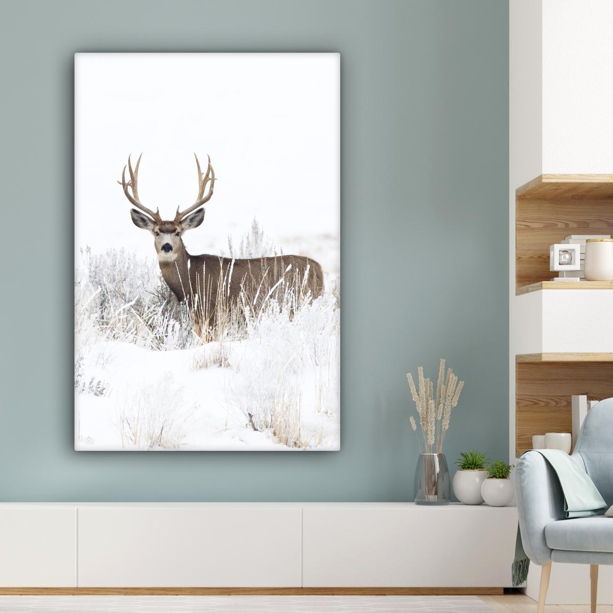 LEINWANDBILD Hirsche - Winter - Schnee - Tiere - Jahreszeiten - Weiß Deko XXL 80x120 cm - Hellbraun, Textil (80/120cm) - MuchoWow