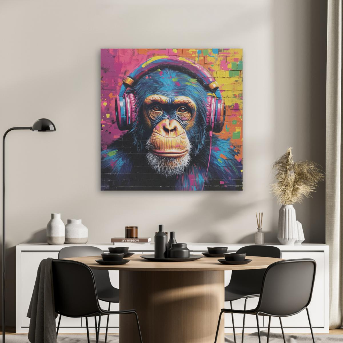 AKUSTIKBILD Graffiti - Schimpanse - Straßenkunst - Kopfhörer - Affe Akustikpaneele 80x80 cm - Blau, Kunststoff (80/80/0.9cm) - MuchoWow