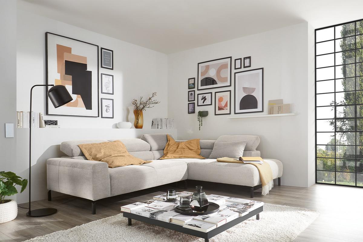 ECKSOFA DELIA Silber Cord - Silberfarben/Schwarz, Textil/Metall (276/219cm) - KAWOLA