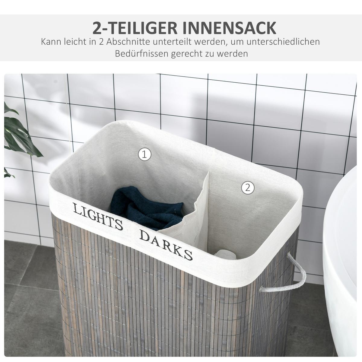 WÄSCHEKORB schmal mit Deckel 100L, Badezimmer, Bambus, Grau - Grau, Naturmaterialien (32/63/52cm) - HOMCOM