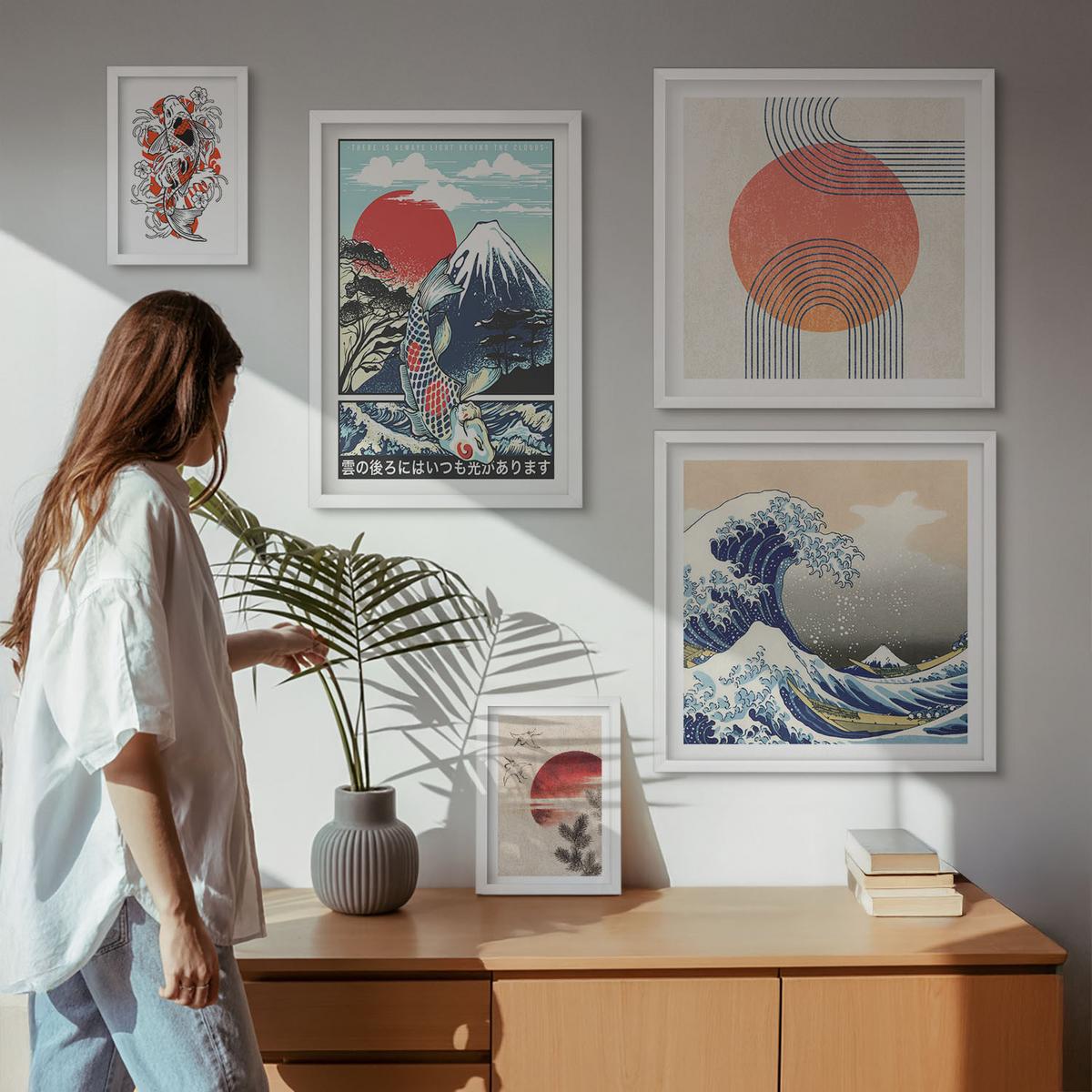 BILDER SET 5er Set - 50x50 cm & 20x30 cm & 40x60 cm Weißer Rahmen - Illustrationen von Fischbergen, die sich in Japan ausbreiten - Weiß, Kunststoff (40/60cm) - TULUP