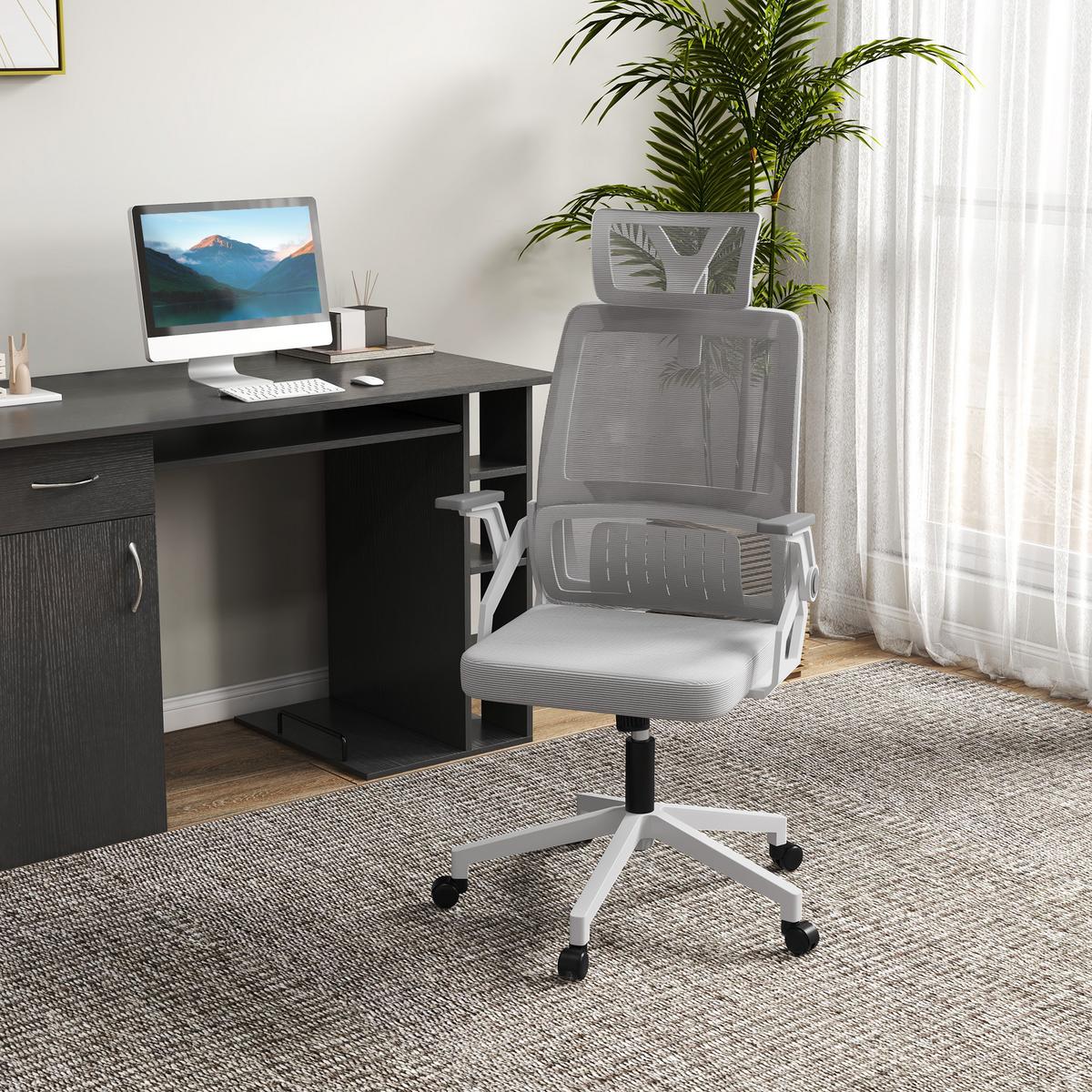 BÜROSTUHL Ergonomisch, Schreibtischstuhl mit Verstellbar Kopfstütze Mesh, Grau - Grau, Textil (61/121.5/60cm) - Vinsetto