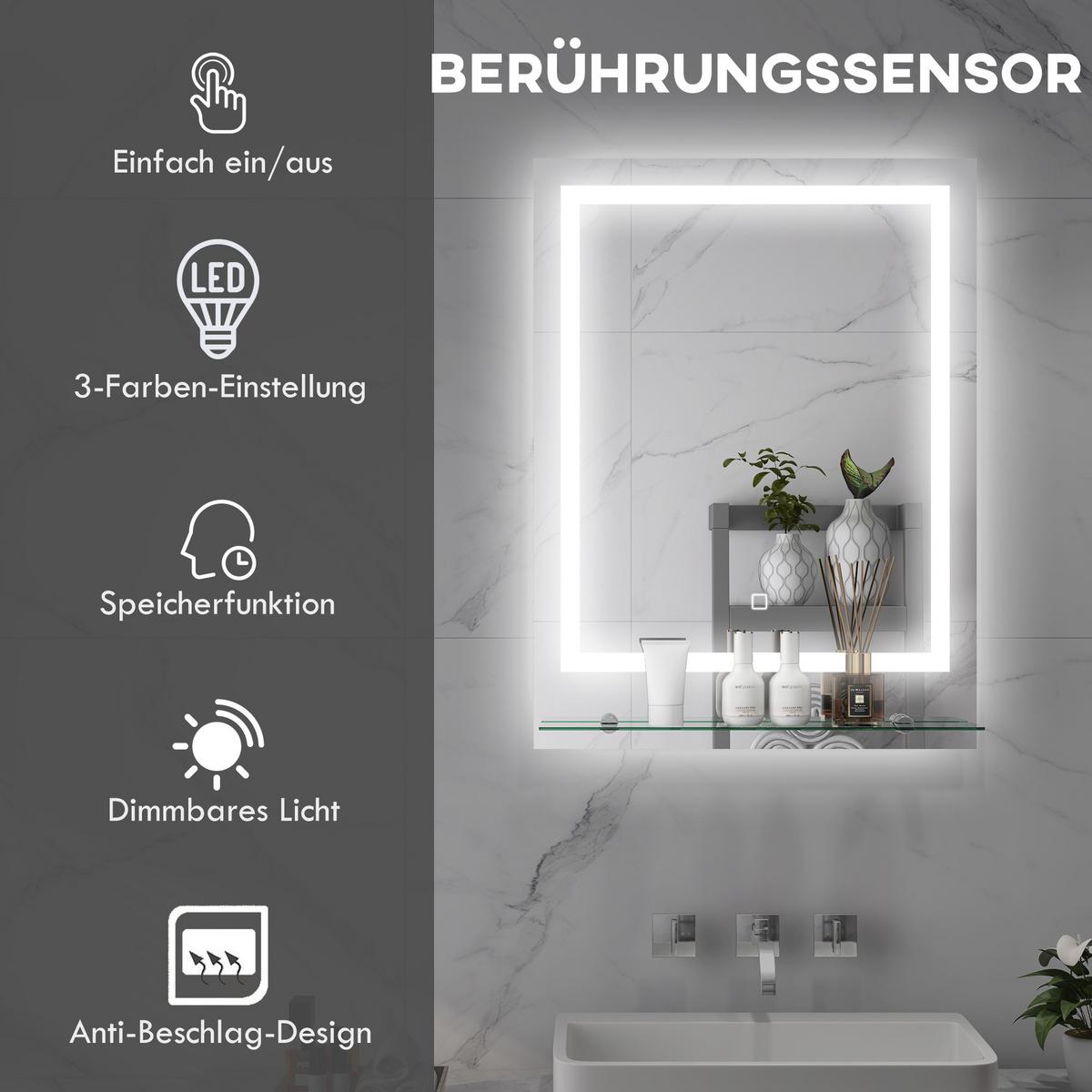 BADSPIEGEL mit Beleuchtung, Wandspiegel mit 3 Lichtfarben, Anti-Beschlag - Transparent, Glas (50/2.7/70cm) - Kleankin