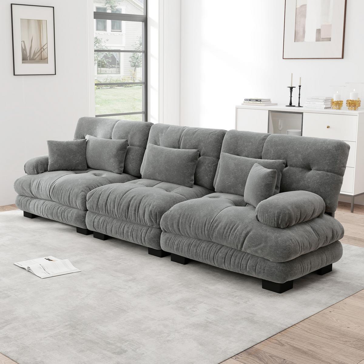 SOFA Stoff – 3-Sitzer mit Kissen - Grau, Holzwerkstoff/Textil (313/81/77cm) - Urban Meuble