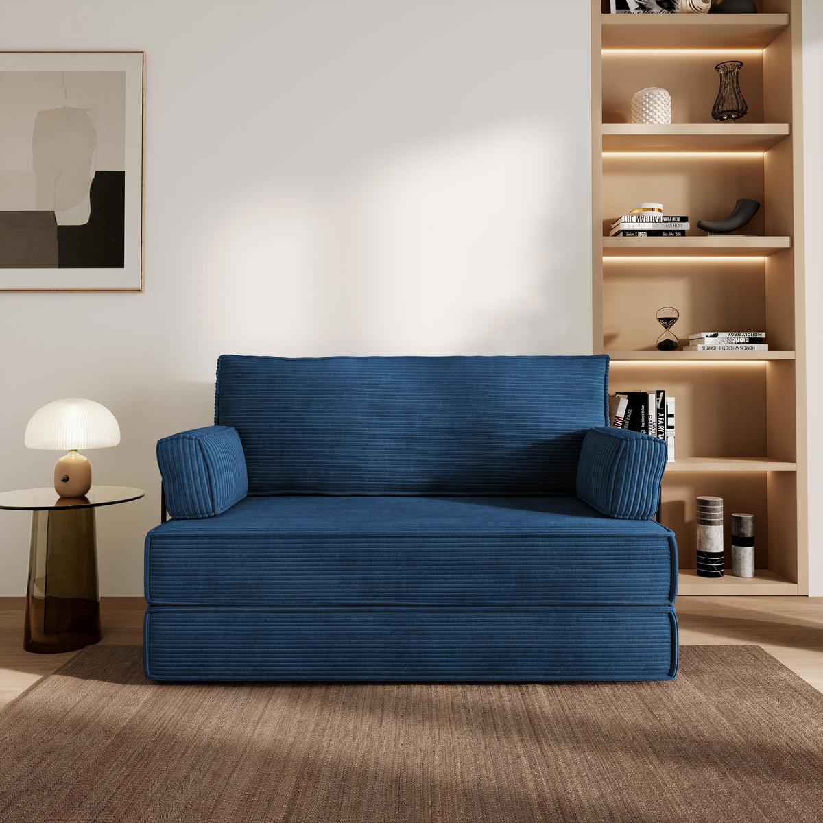 BETTSOFA LADIA aus Schaumstoff Cordstoff Blau Schlaffunktion - Blau, Textil (140/86/60cm) - MASSENO