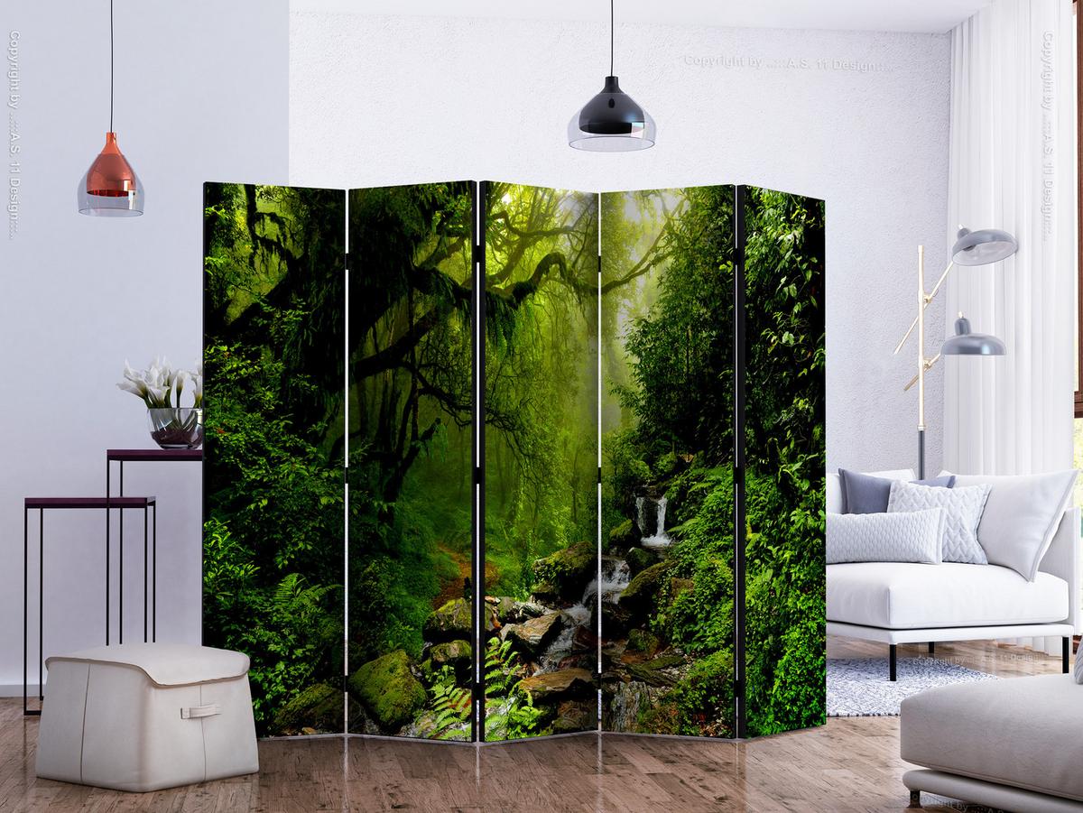PARAVENT Beidseitig Bedruckter 5-tlg 225x172 cm Wasserfall Im Wald - Grün, Holz/Textil (225/172/3cm) - Muralo