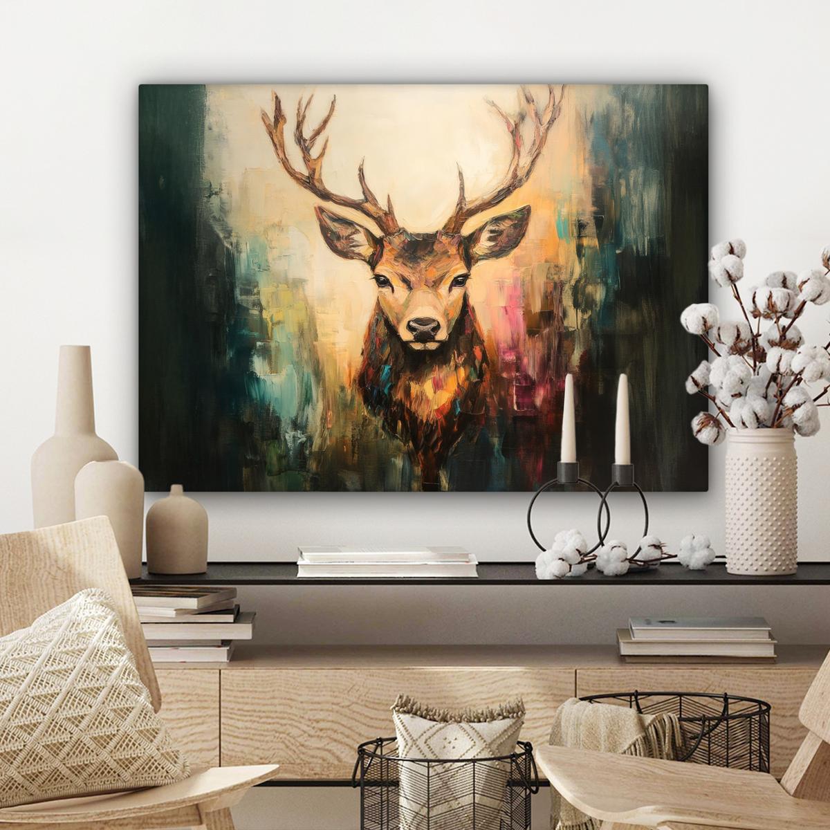 LEINWANDBILD Hirsch - Gemalt - Geweih - Braun Wandbilder 80x60 cm - Haselnussfarben, Textil (80/60cm) - MuchoWow