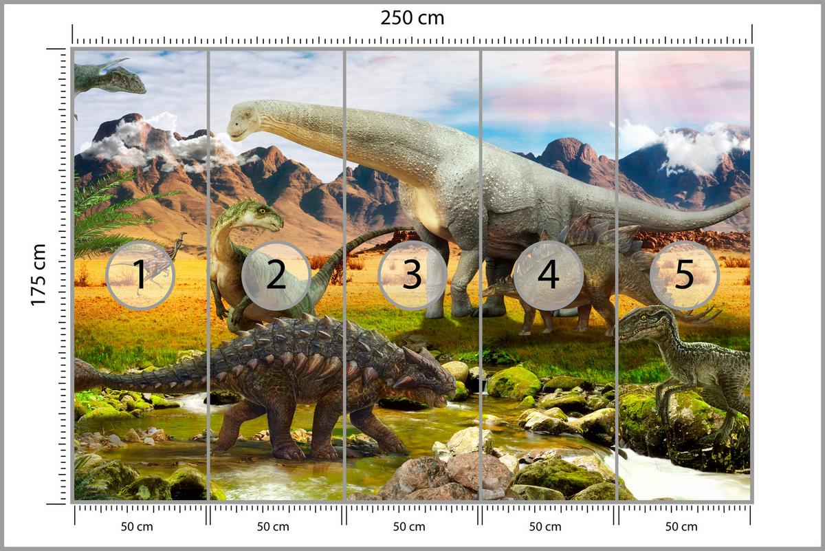 FOTOTAPETE für Kinderzimmer Dinosaurier Berge aus Felsen Bäume 250x175 - Multicolor, Papier (250/175cm) - Muralo