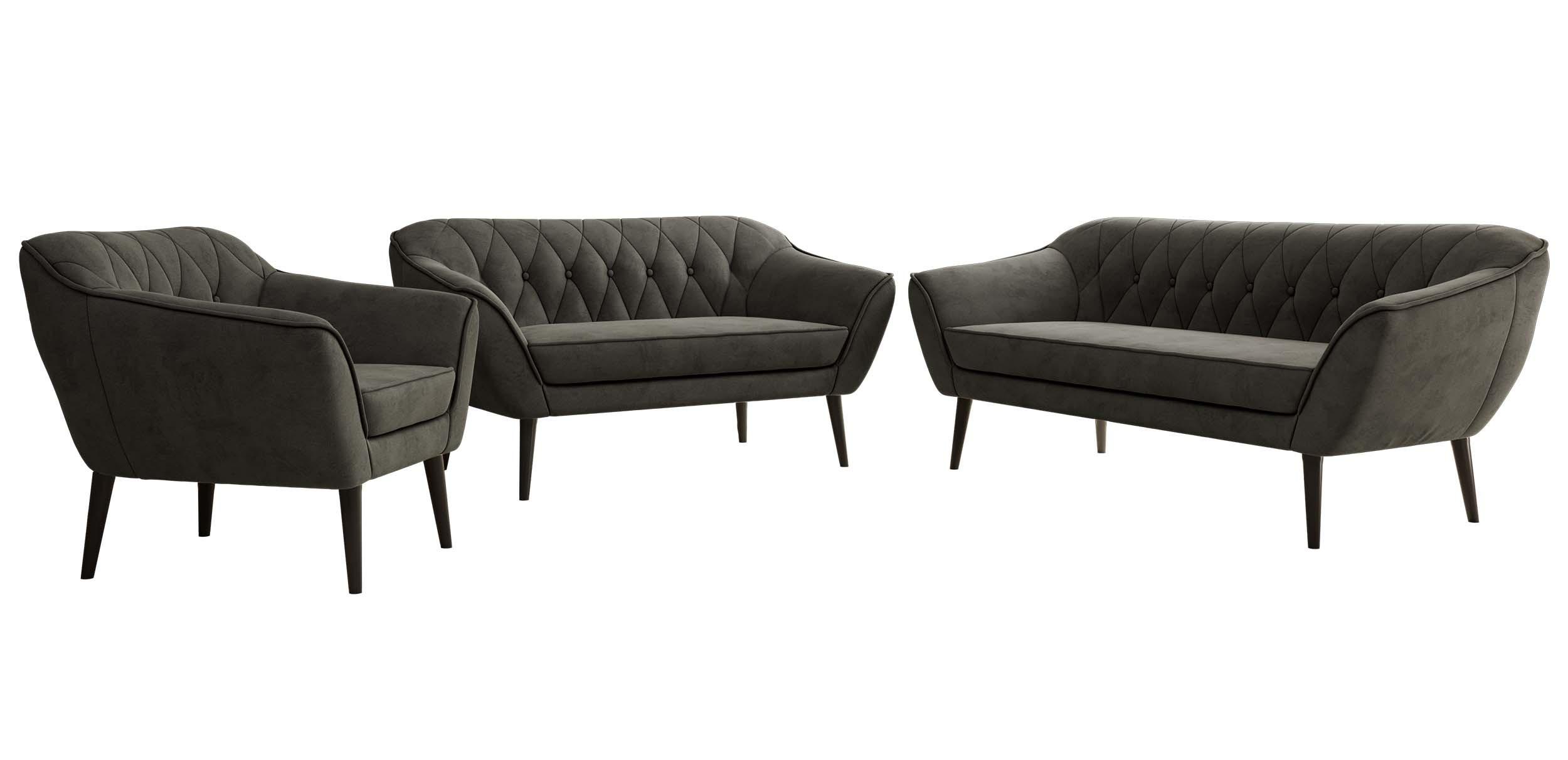SITZGARNITUR PIRS 3+2+1 - Dunkelgrau Velvet - Schwarze Beine - Dunkelgrau/Schwarz, Holzwerkstoff/Textil (180/75/74cm) - MKS