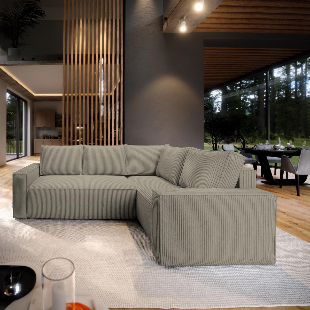 ECKSOFA ESTANO R-S Beige Kordstoff mit Schlaffunktion - Beige, Holz (230/158cm) - MASSENO
