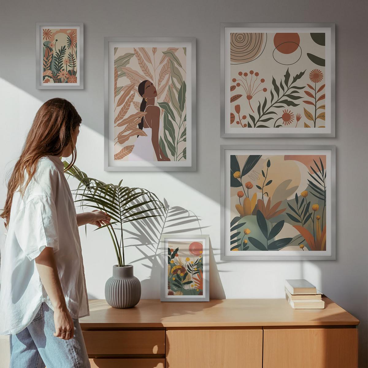 BILDER SET 5er Set - 50x50 cm & 20x30 cm & 40x60 cm Silberner Rahmen - Pflanzenmotive in Farben - Silberfarben, Kunststoff (40/60cm) - TULUP