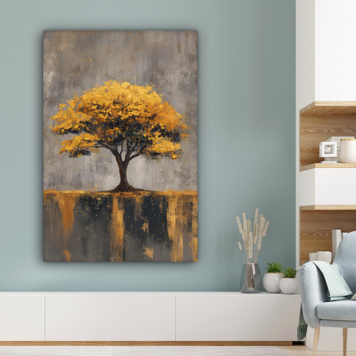 LEINWANDBILD Baum - Blätter - Gold - Abstrakt Deko XXL 80x120 cm - Grau, Textil (80/120cm) - MuchoWow